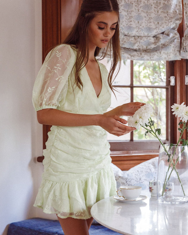 Cherry Blossom Puff Sleeve Wide Ruffle Hem Dress Apple