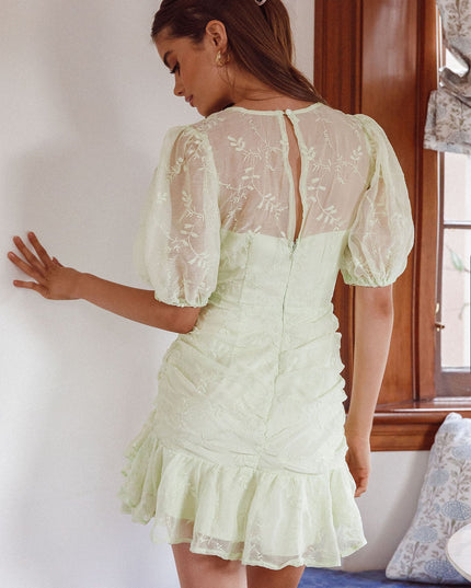 Cherry Blossom Puff Sleeve Wide Ruffle Hem Dress Apple