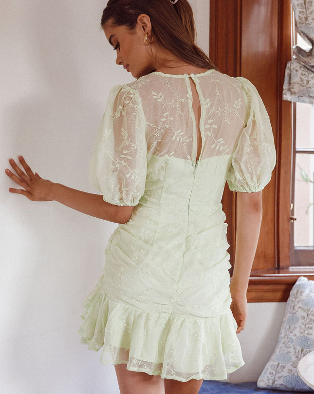 Cherry Blossom Puff Sleeve Wide Ruffle Hem Dress Apple