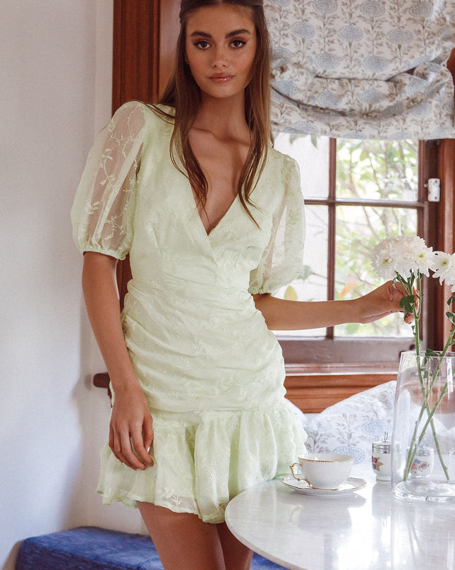 Cherry Blossom Puff Sleeve Wide Ruffle Hem Dress Apple