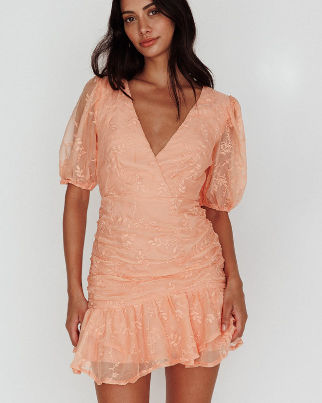 Orange Cherry Blossom Puff Sleeve Wide Ruffle Hem Dress