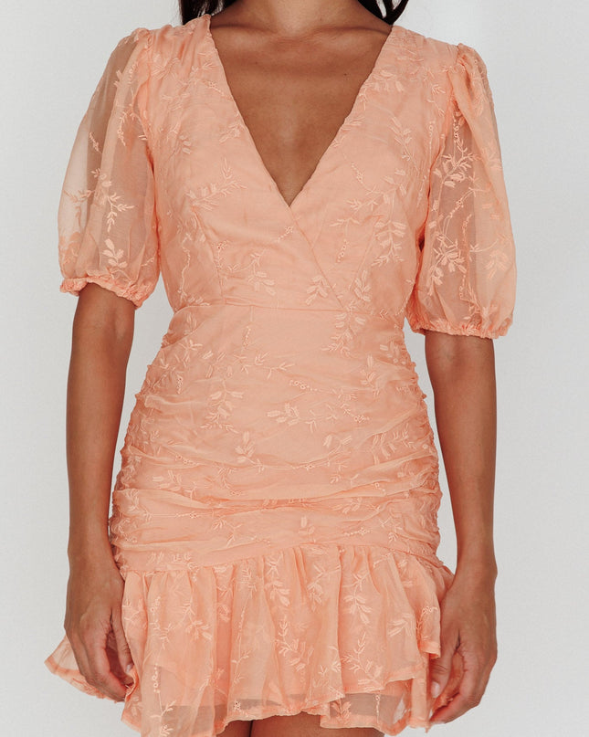 Orange Cherry Blossom Puff Sleeve Wide Ruffle Hem Dress