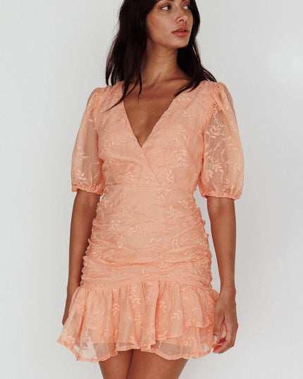 Orange Cherry Blossom Puff Sleeve Wide Ruffle Hem Dress