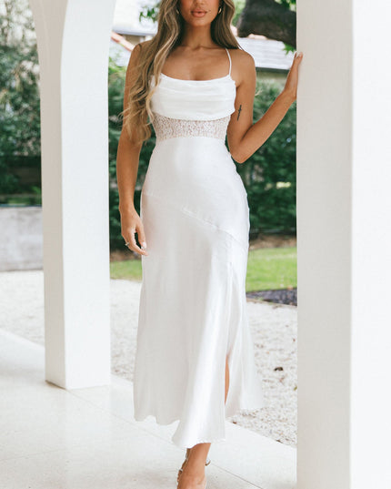 White Cowl Neck Lace Waist Midi Dress