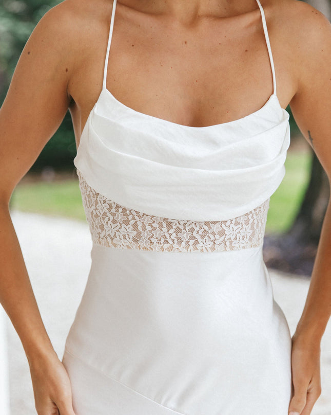 White Cowl Neck Lace Waist Midi Dress