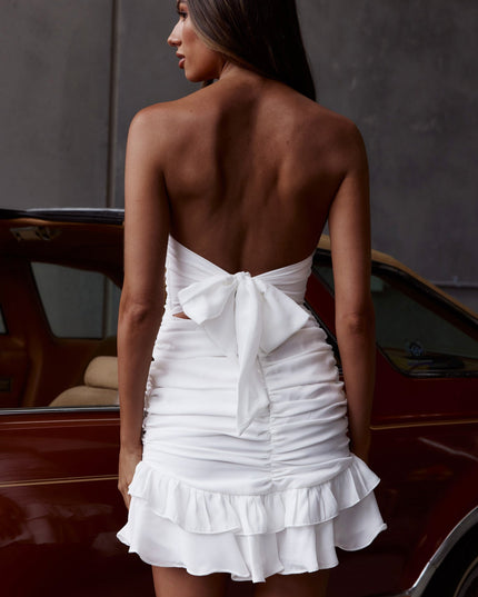 White Strapless Tied Back Frill Hem Mini Dress