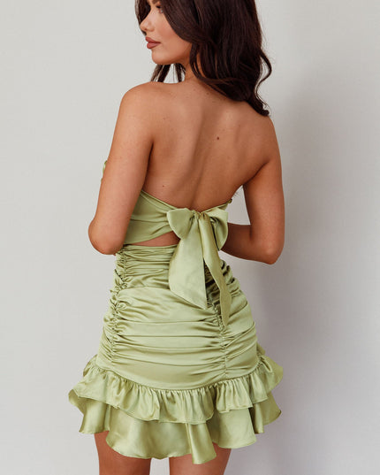 Olive Strapless Tied Back Frill Hem Mini Dress