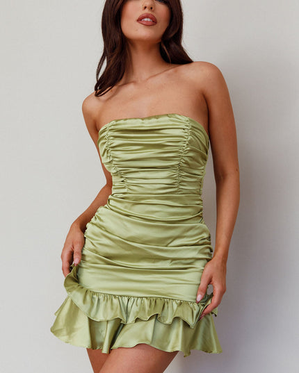 Olive Strapless Tied Back Frill Hem Mini Dress