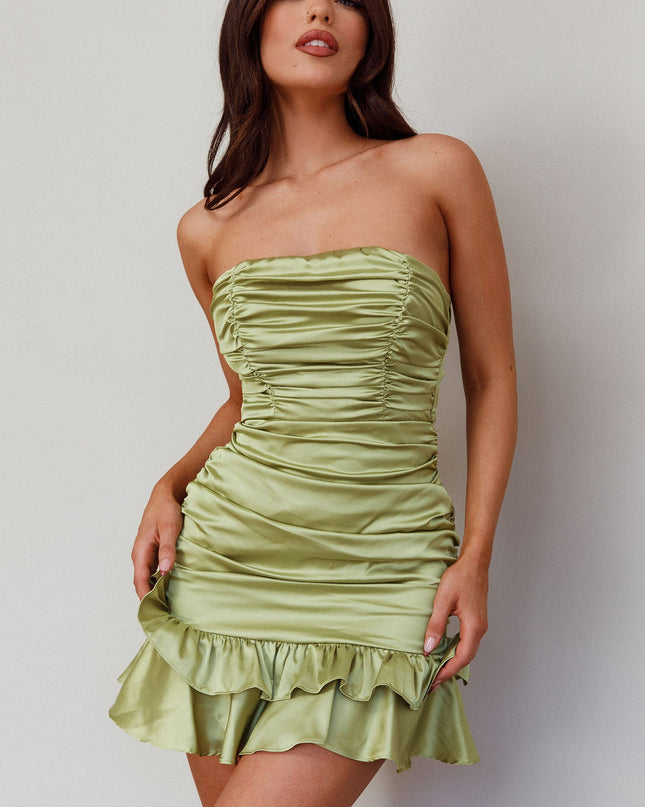 Olive Strapless Tied Back Frill Hem Mini Dress