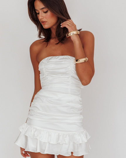 White Strapless Tied Back Satin Mini Dress