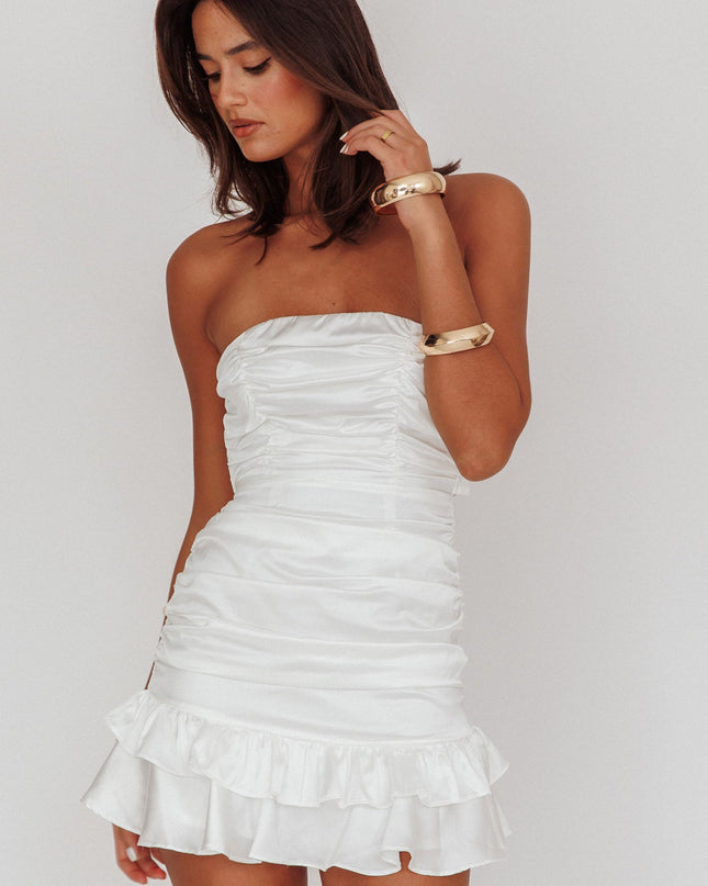 White Strapless Tied Back Satin Mini Dress