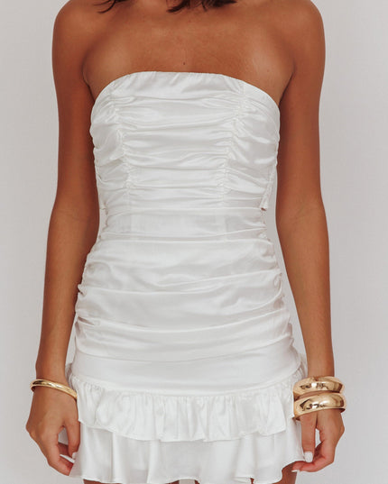 White Strapless Tied Back Satin Mini Dress
