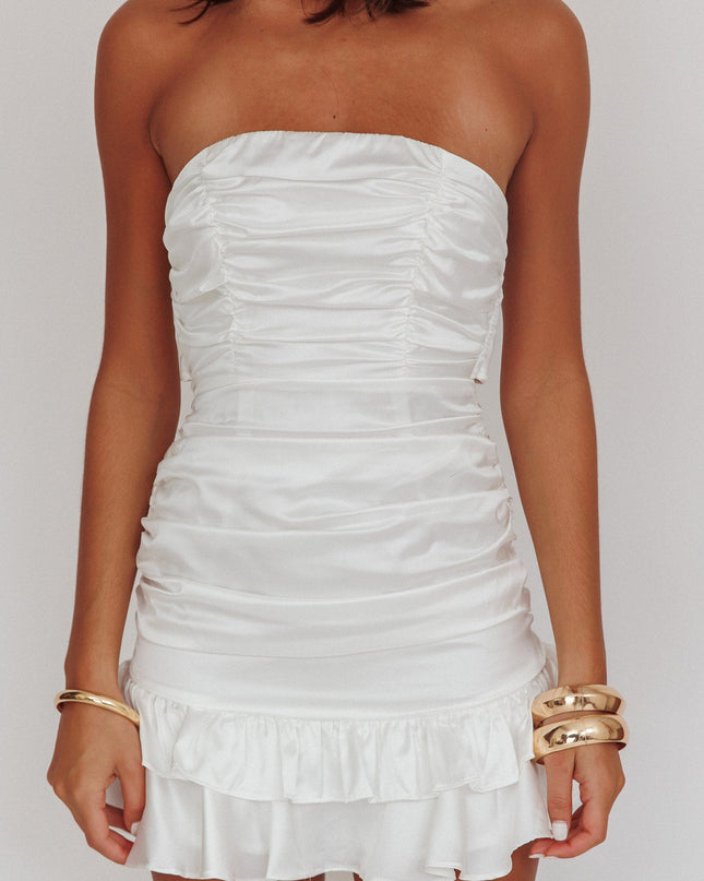 White Strapless Tied Back Satin Mini Dress