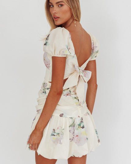 Butter Puff Sleeve Tied Back Mini Dress Floral