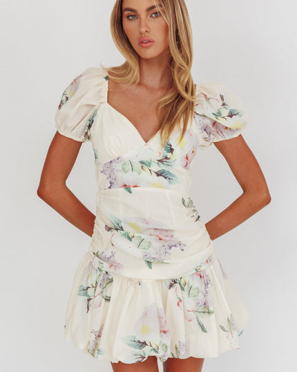 Butter Puff Sleeve Tied Back Mini Dress Floral