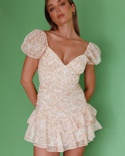 Orange Puff Sleeve Tied Back Frill Hem Dress Floral Print
