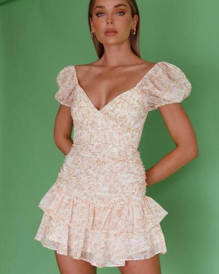 Orange Puff Sleeve Tied Back Frill Hem Dress Floral Print