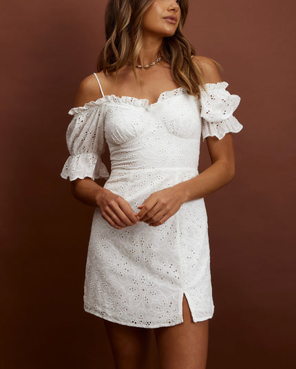 White Puff Sleeve Frill Trim Eyelet Dress