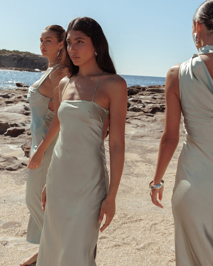 Sage Backless Satin Maxi Dress