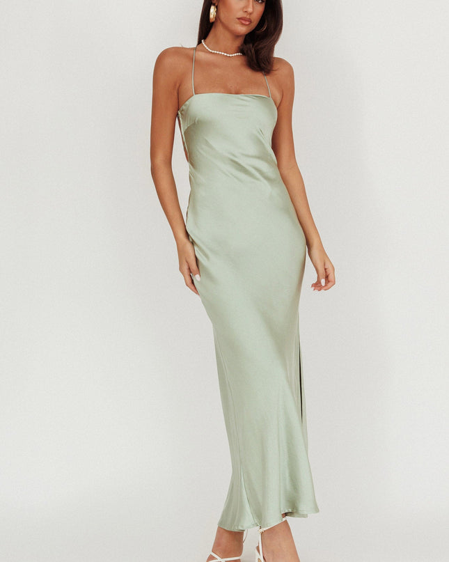 Sage Backless Satin Maxi Dress