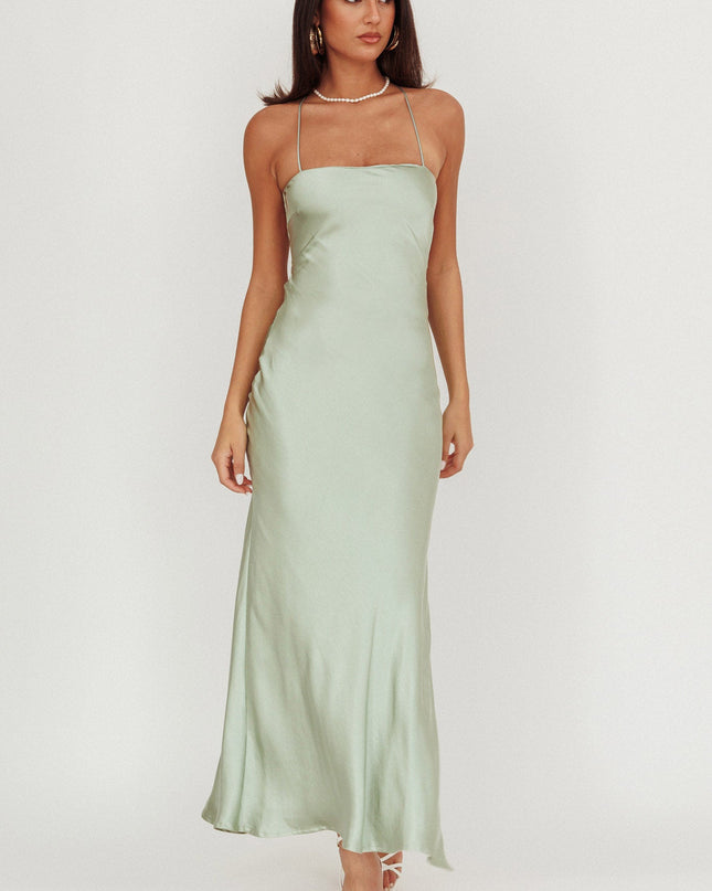 Sage Backless Satin Maxi Dress