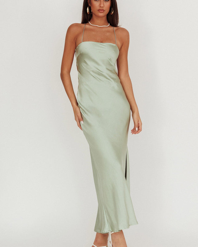 Sage Backless Satin Maxi Dress