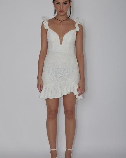 White Ruffle Strap Lace Mini Dress
