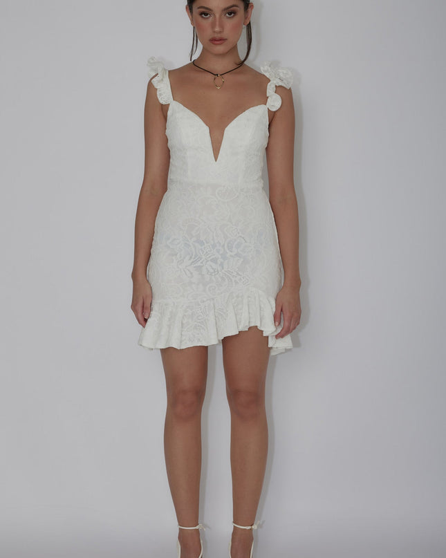 White Ruffle Strap Lace Mini Dress