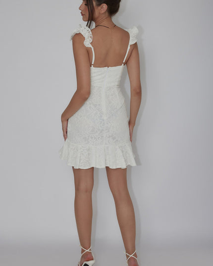 White Ruffle Strap Lace Mini Dress