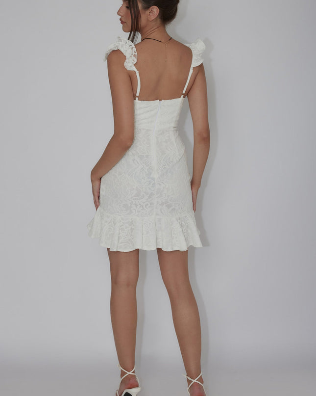 White Ruffle Strap Lace Mini Dress