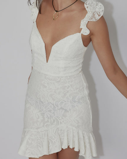 White Ruffle Strap Lace Mini Dress