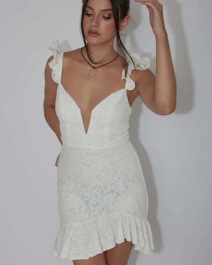 White Ruffle Strap Lace Mini Dress