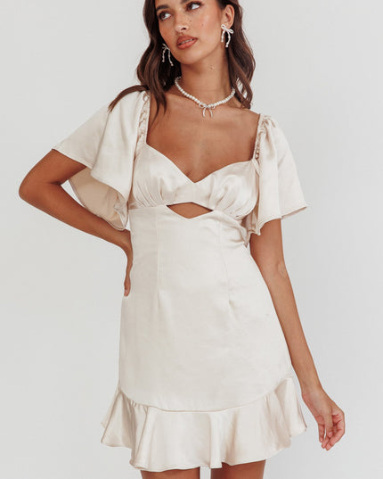 Champagne You Pleated Bust Angel Sleeve Ruffle Hem Dress
