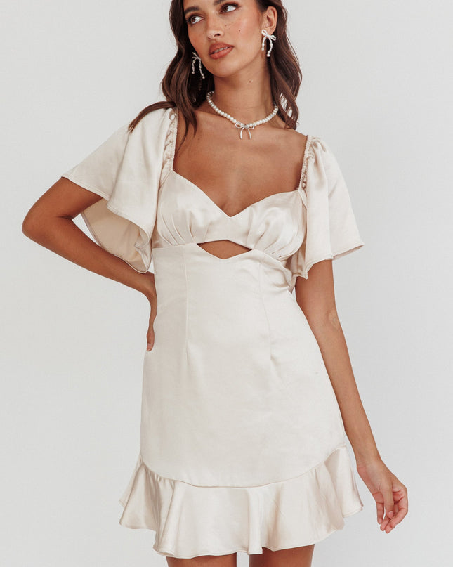 Champagne You Pleated Bust Angel Sleeve Ruffle Hem Dress