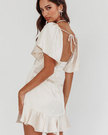 Champagne You Pleated Bust Angel Sleeve Ruffle Hem Dress