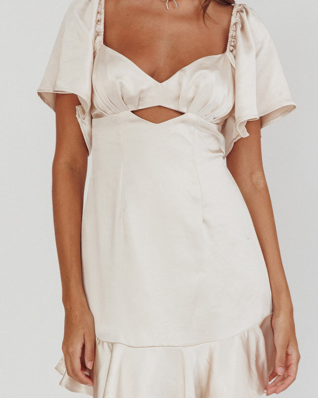 Champagne You Pleated Bust Angel Sleeve Ruffle Hem Dress