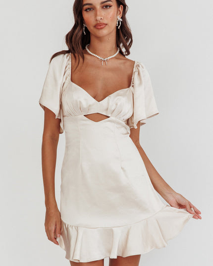 Champagne You Pleated Bust Angel Sleeve Ruffle Hem Dress