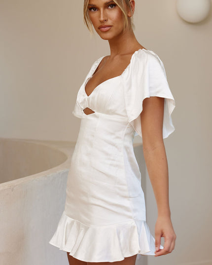 White You Pleated Bust Angel Sleeve Ruffle Hem Dress