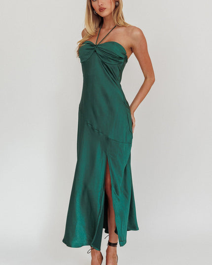 Forest Green Strapless Gathered Bust Midi Dress