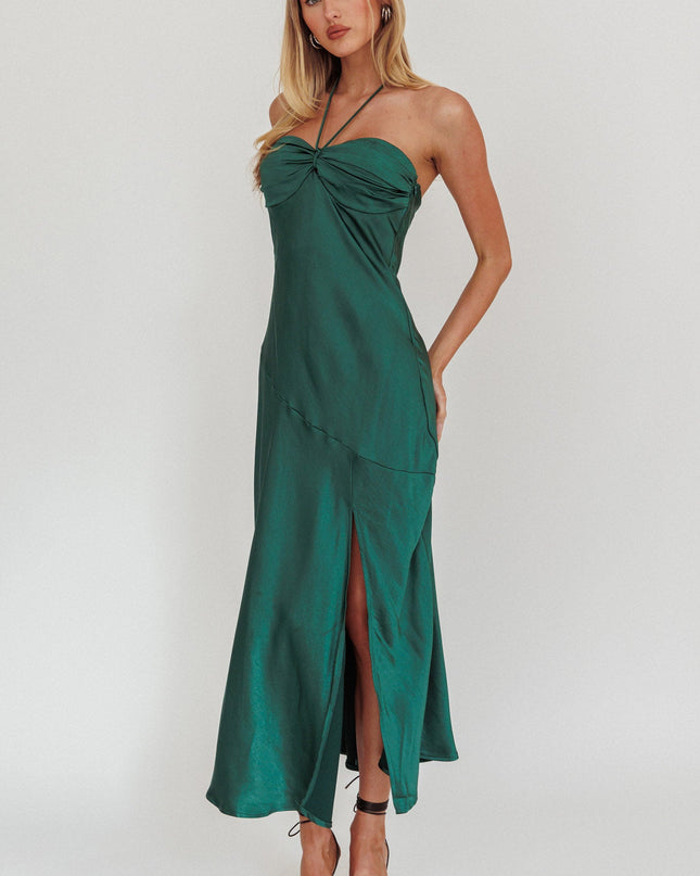 Forest Green Strapless Gathered Bust Midi Dress