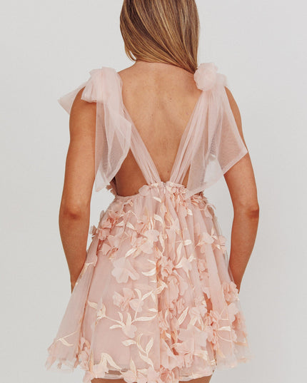 Pink Tied Shoulder Mini Dress Floral Embellished