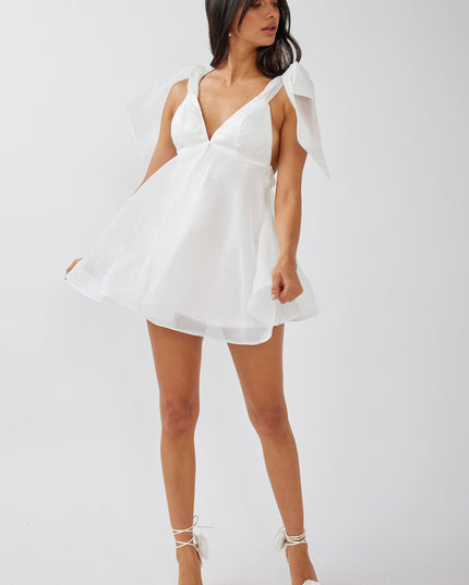 White Tied Shoulder Mini Dress Solid