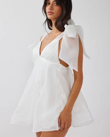 White Tied Shoulder Mini Dress Solid