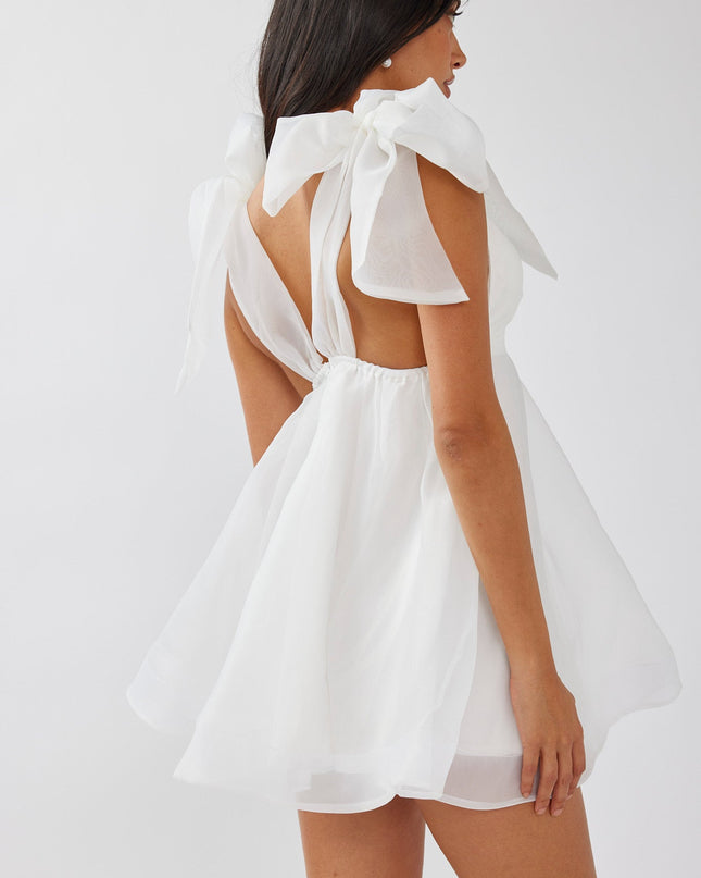 White Tied Shoulder Mini Dress Solid