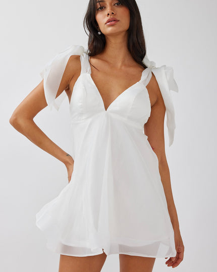 White Tied Shoulder Mini Dress Solid