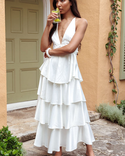 Ivory Tiered Frill Strappy Back Dress