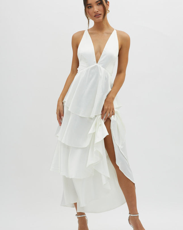 Ivory Tiered Frill Strappy Back Dress