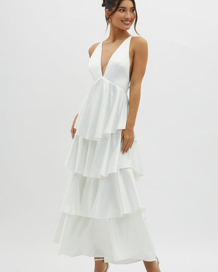 Ivory Tiered Frill Strappy Back Dress