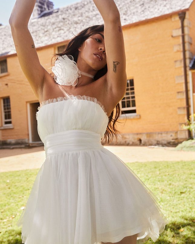 White Strapless Mesh Mini Dress