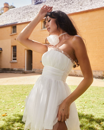 White Strapless Mesh Mini Dress